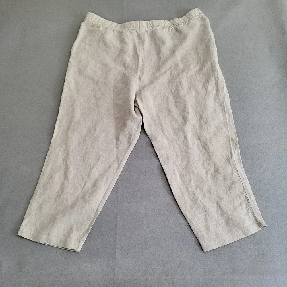 H &‎ M Linen Blend Beige Wide Leg Pants Elastic Waist Women's XL Pockets Boho